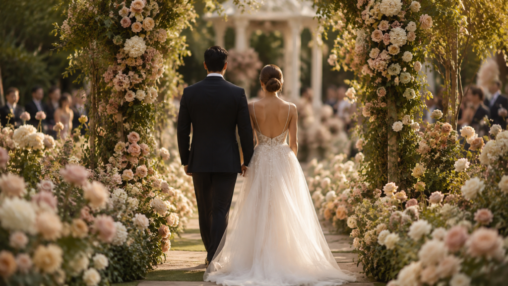 casal de costas em jardim de casamento com decoração em paleta de cores coordenada 