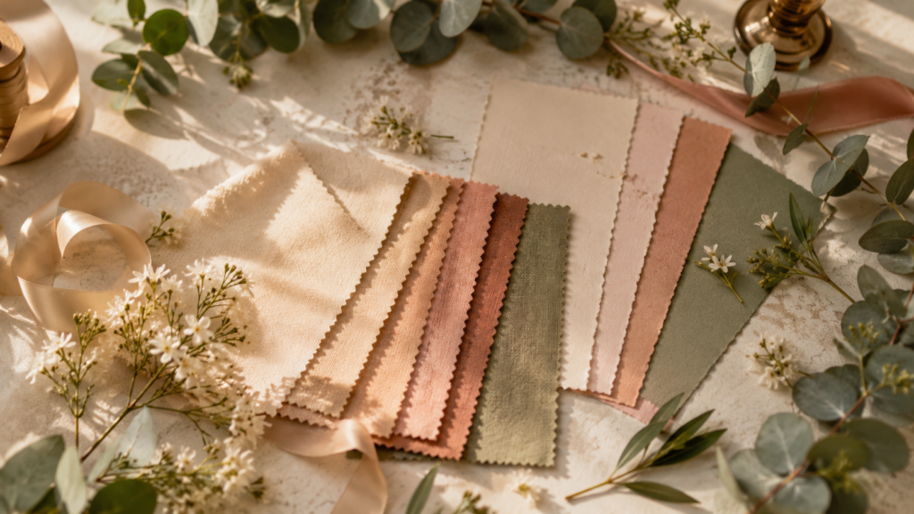 paleta de cores para casamento com amostras de tecido flores e cartelas sobre mesa clara