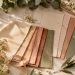 paleta de cores para casamento com amostras de tecido flores e cartelas sobre mesa clara