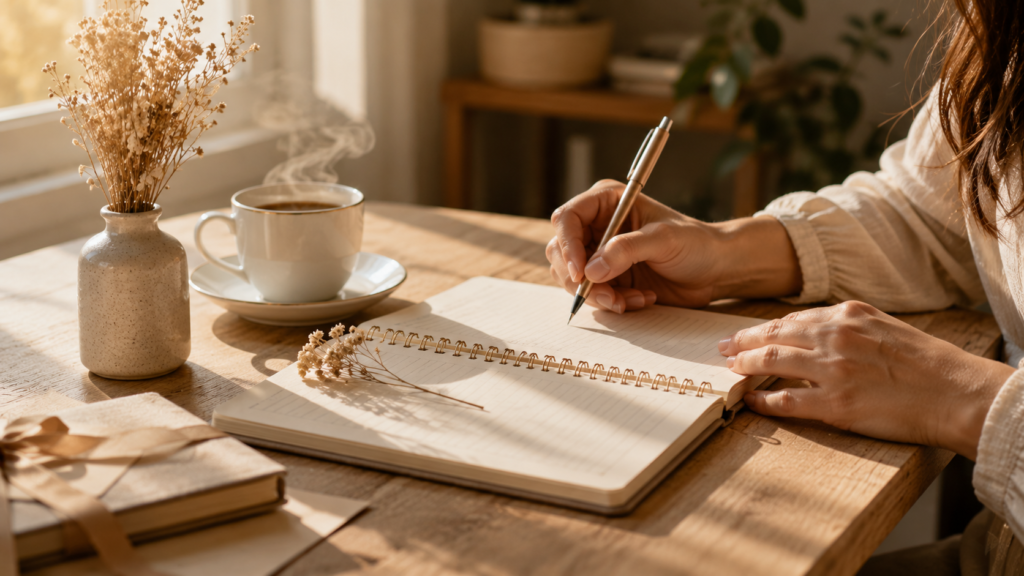 pessoa planejando surpresa de aniversário de casamento escrevendo em caderno com café ao lado
