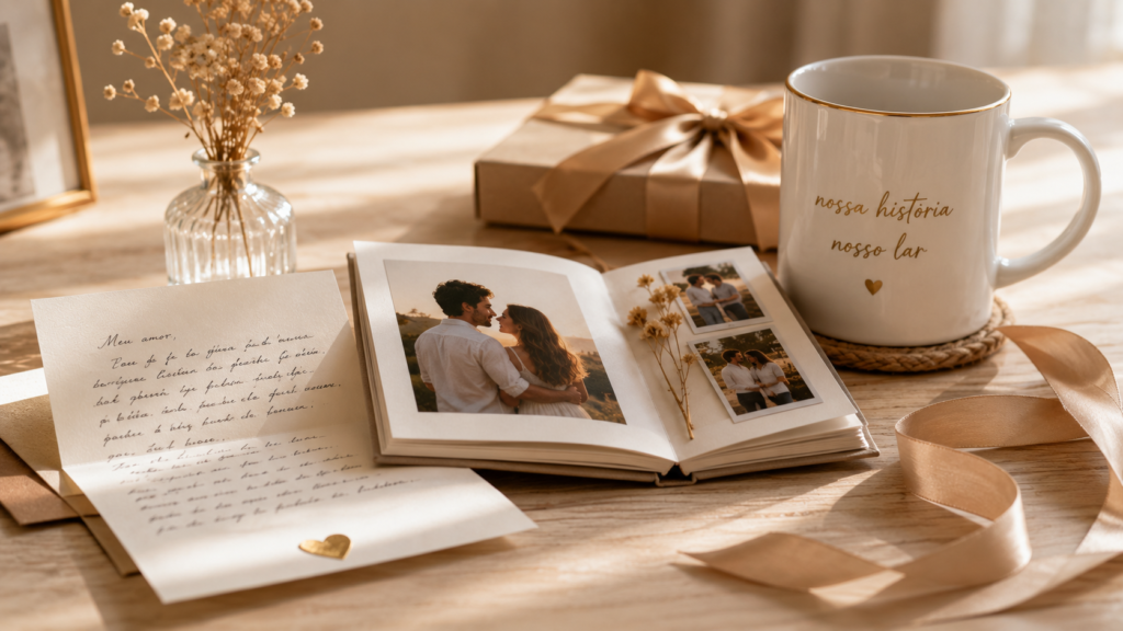 presentes personalizados para aniversário de casamento com carta escrita à mão e álbum de fotos sobre mesa