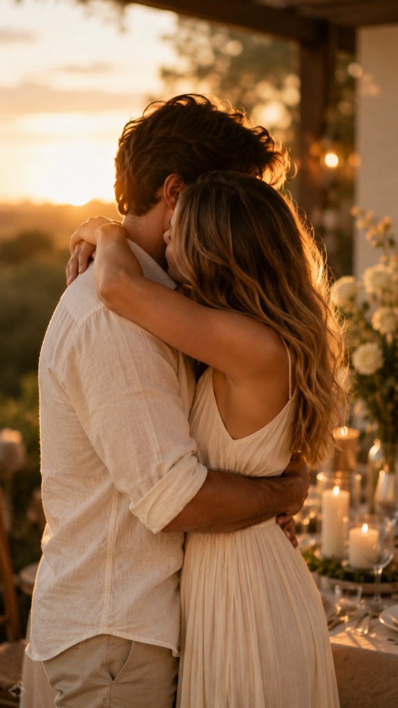 casal comemorando surpresa de aniversário de casamento com abraço emocionado à luz dourada do entardecer
