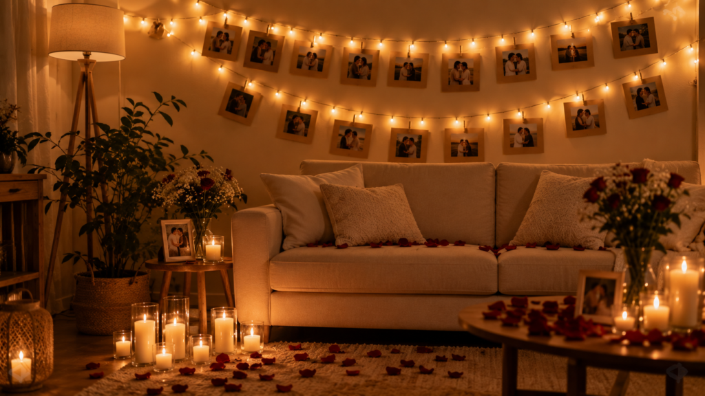 sala de estar decorada com luzes e fotos para surpresa de aniversário de casamento em casa
