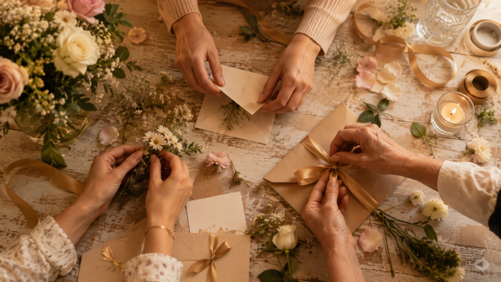 mãos de diferentes pessoas organizando decoração para surpresa de aniversário de casamento em família