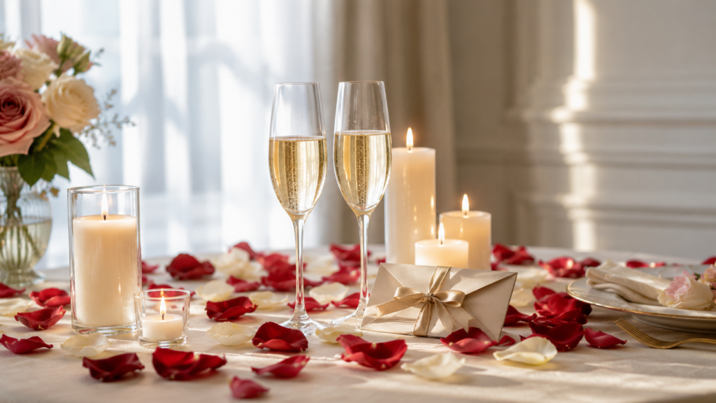 mesa decorada com detalhes românticos para surpresa de aniversário de casamento com pétalas e velas