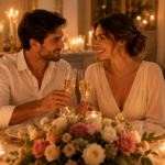 casal celebrando surpresas para aniversário de casamento com jantar romântico em casa à luz de velas