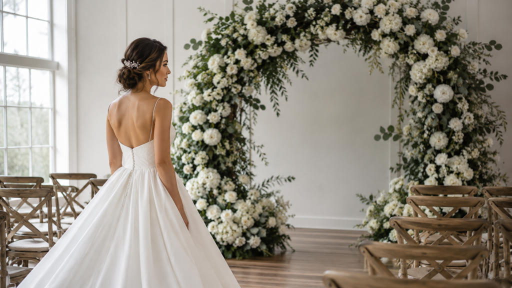 noiva diante de arco floral para casamento olhando o altar antes da cerimônia com expressão serena
