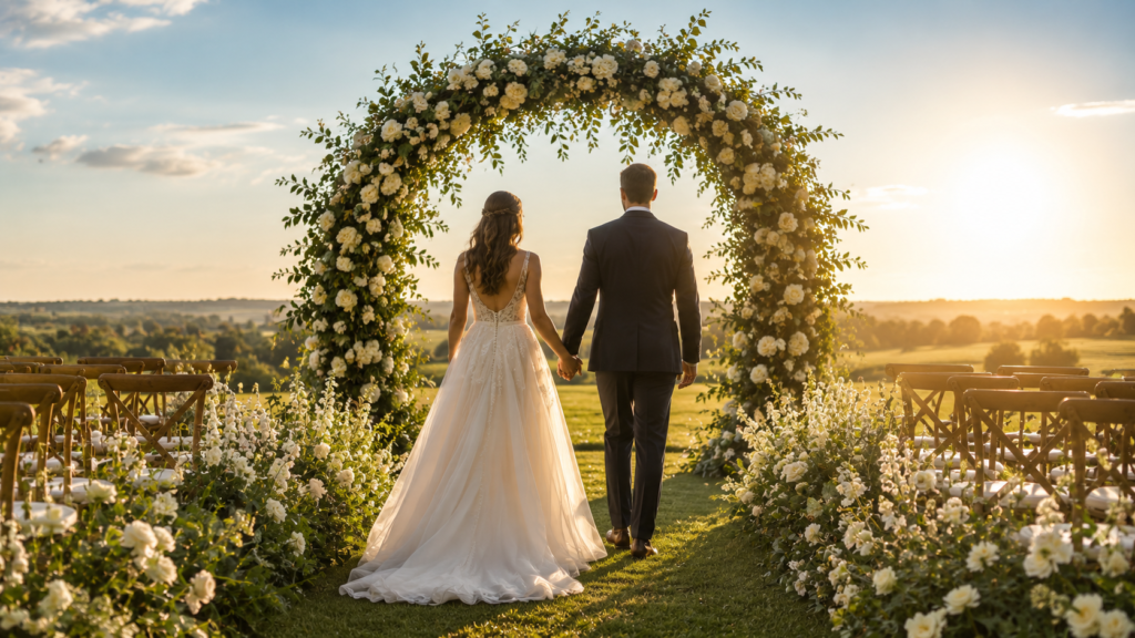 arco floral para casamento ao ar livre com casal se aproximando do altar ao entardecer