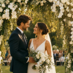 arco floral para casamento com casal se olhando no altar em cerimônia ao entardecer