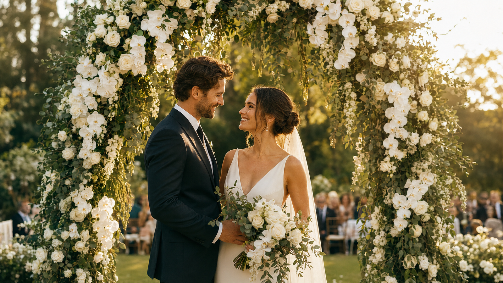 arco floral para casamento com casal se olhando no altar em cerimônia ao entardecer