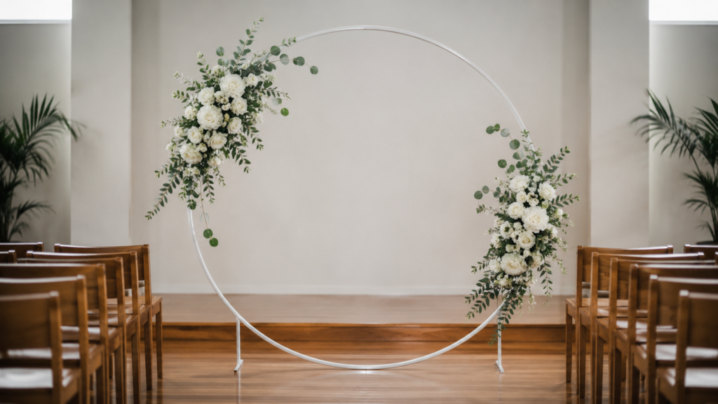 arco floral branco minimalista para casamento evangélico com rosas e eucalipto no altar