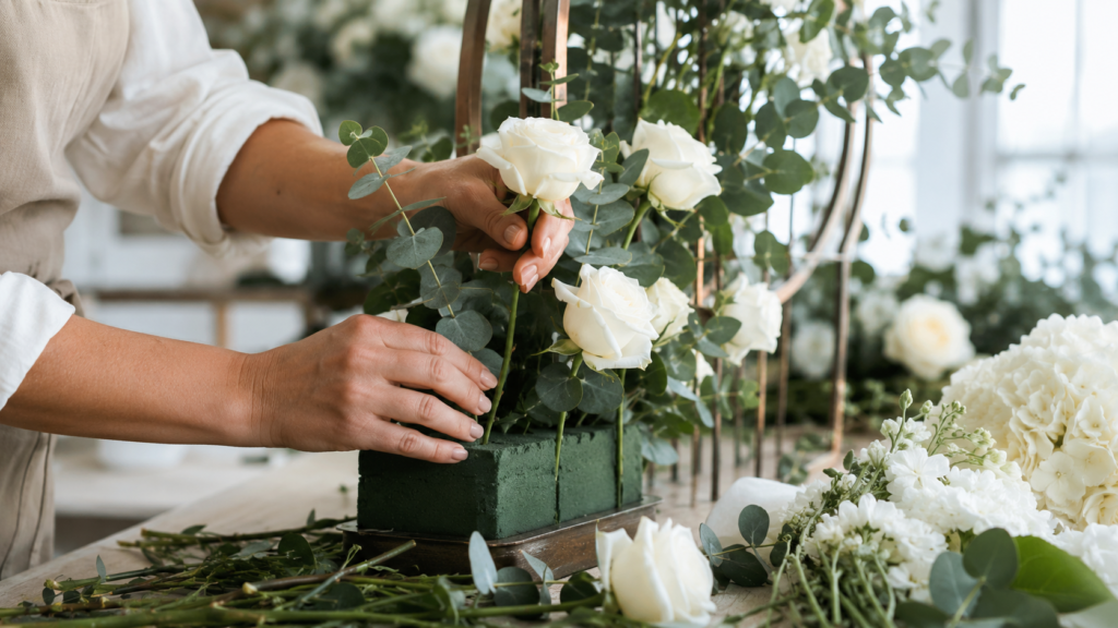 florista montando arco floral para casamento fixando flores em espuma floral de perto