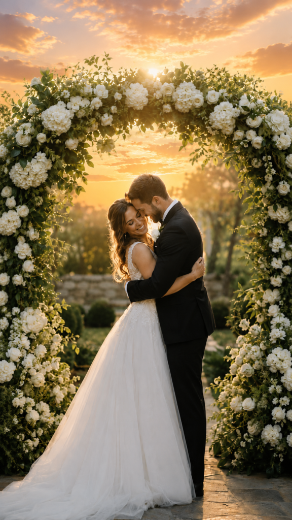 arco floral para casamento com casal abraçado no altar em luz dourada formato vertical