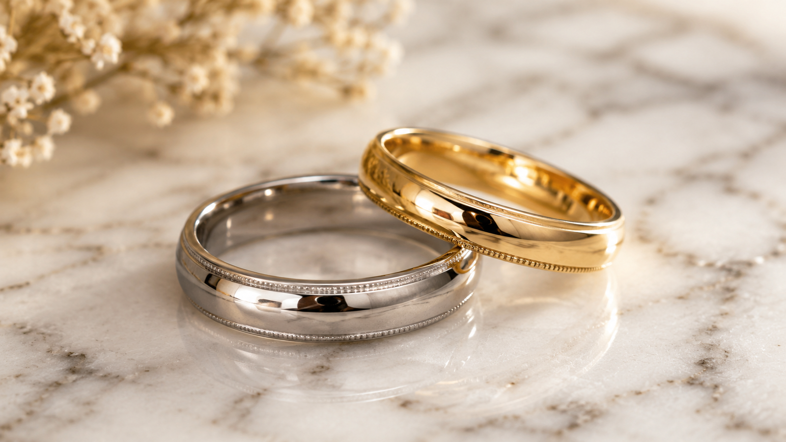 alianças de ouro e prata em detalhe simbolizando os anos de casamento das bodas
