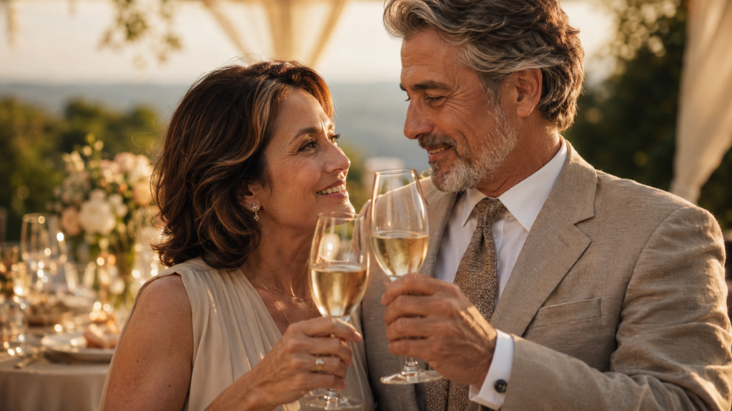 casal celebrando as bodas de casamento com um brinde e expressão emocionada