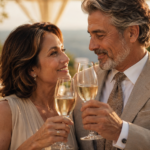 casal celebrando as bodas de casamento com um brinde e expressão emocionada