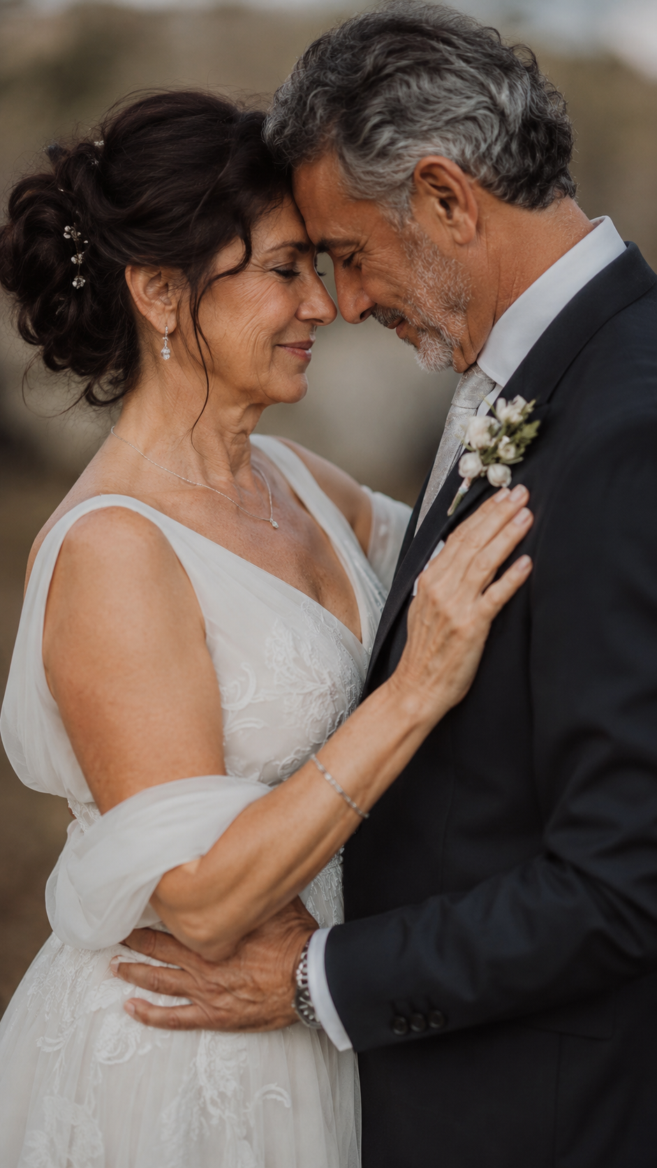 casal maduro abraçado celebrando as bodas de casamento em retrato vertical