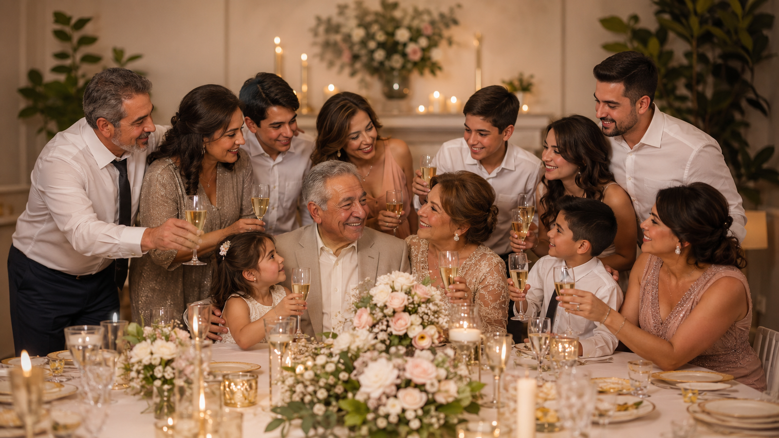 festa de bodas de casamento com a família reunida brindando ao casal