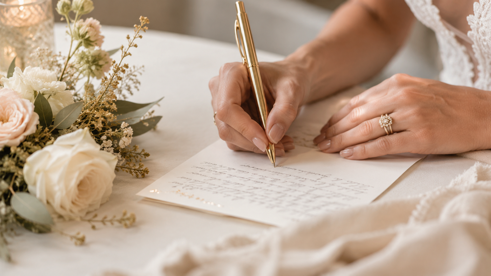 pessoa escrevendo à mão uma mensagem de bodas em um cartão delicado