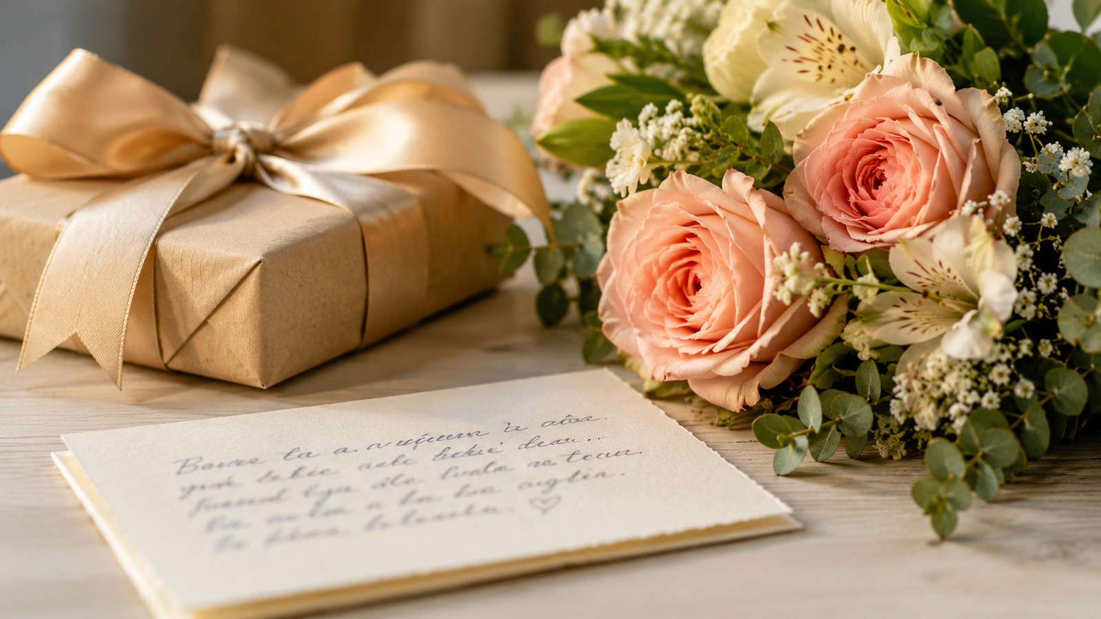 presente de bodas de casamento embrulhado ao lado de flores e cartão