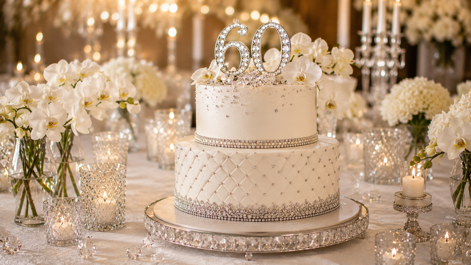 bolo branco de bodas de diamante com cristais, orquídeas e o número 60