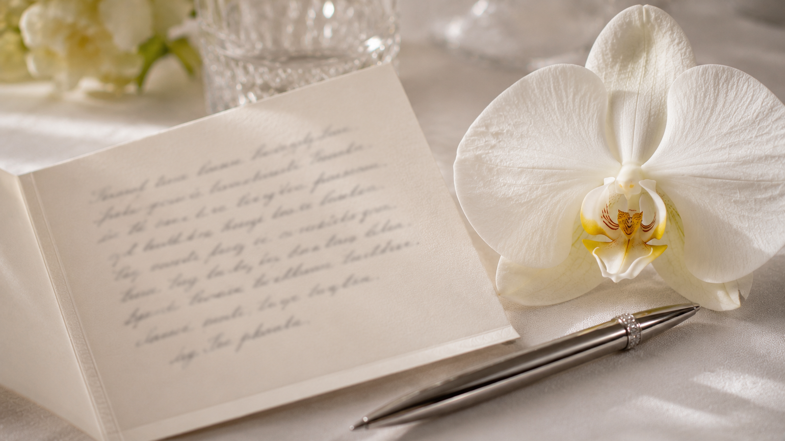 cartão de mensagem escrito à mão com uma orquídea nas bodas de diamante