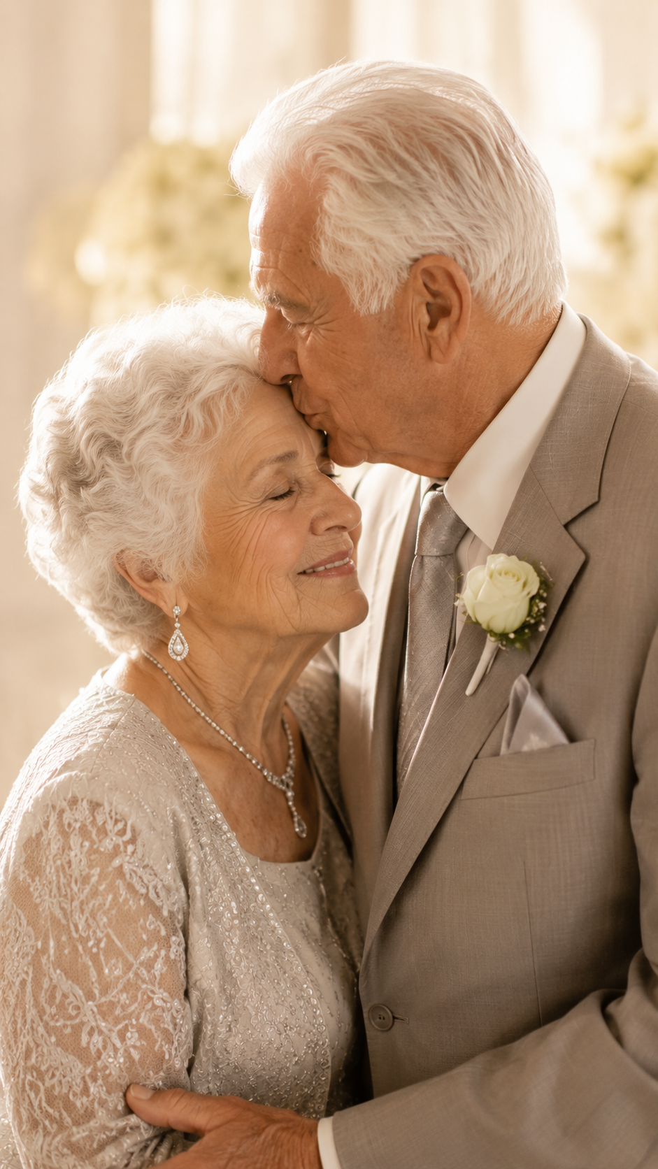casal idoso em um beijo na testa celebrando as bodas de diamante em retrato vertical