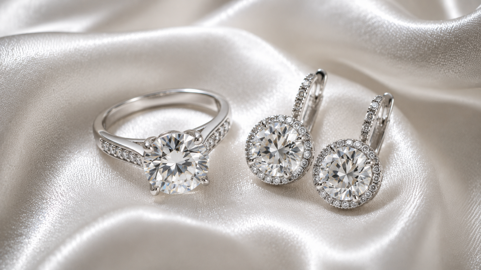 anel e brincos de diamante em detalhe, joia das bodas de diamante dos 60 anos