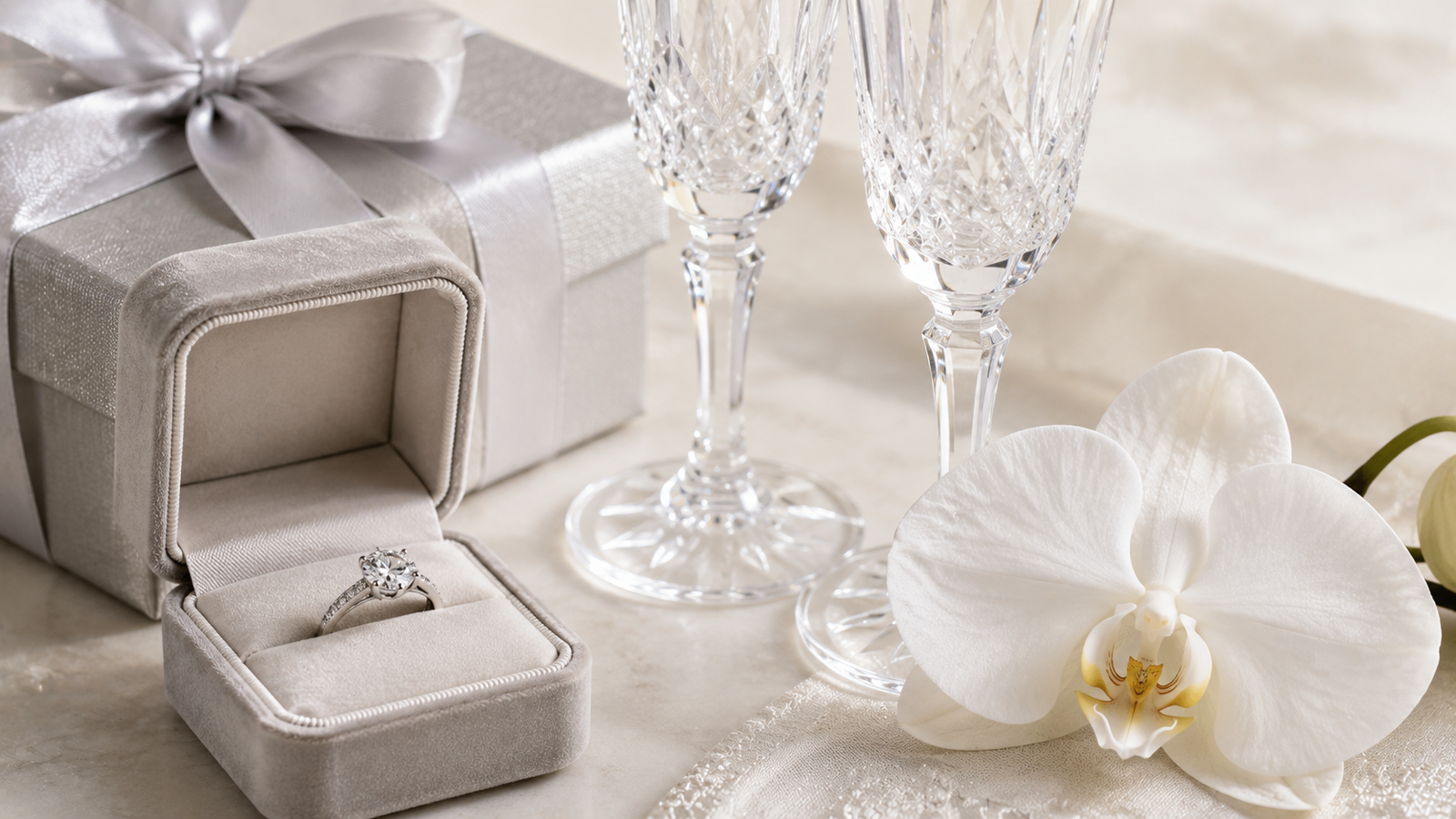 presente de bodas de diamante com joia, taças de cristal e orquídea