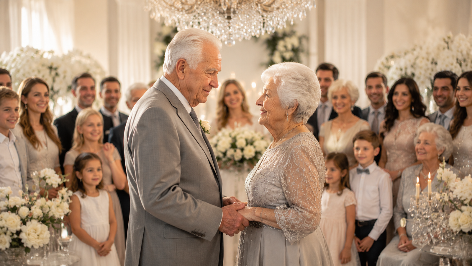 casal idoso renovando os votos cercado pela família nas bodas de diamante