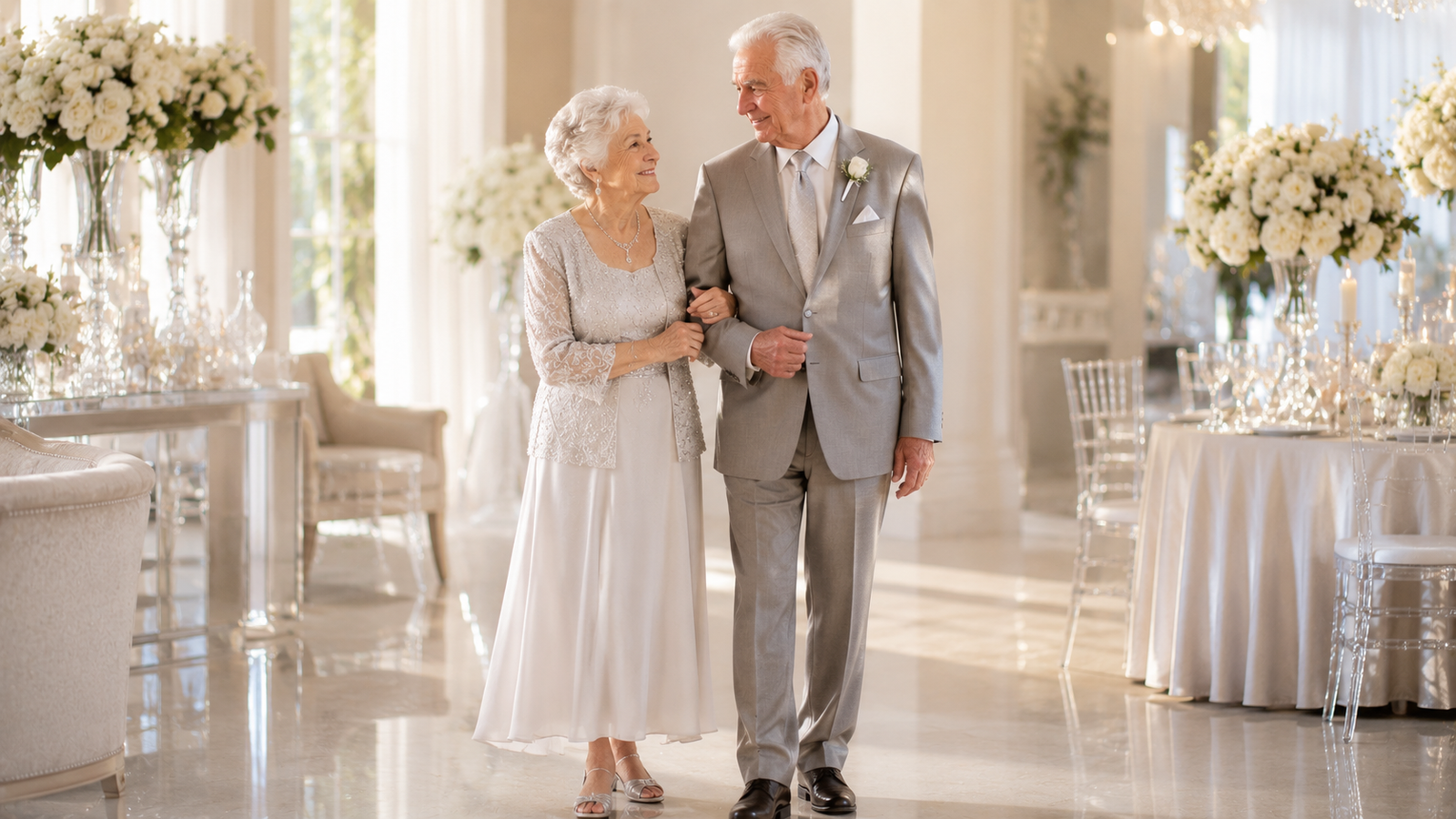 casal idoso elegante de braços dados vestido para as bodas de diamante