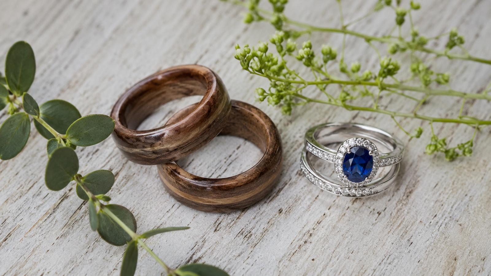 alianças de madeira ao lado de um anel de safira azul, joias das bodas de madeira dos 5 anos