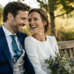 casal jovem sentado em banco de madeira no campo celebrando as bodas de madeira, 5 anos de casamento