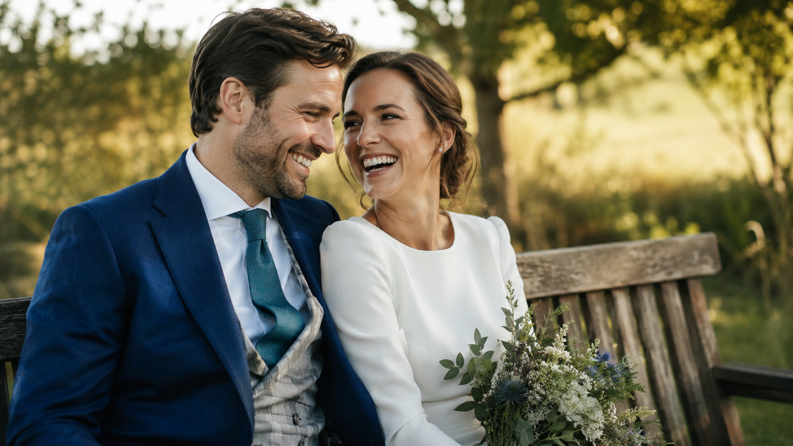 casal jovem sentado em banco de madeira no campo celebrando as bodas de madeira, 5 anos de casamento