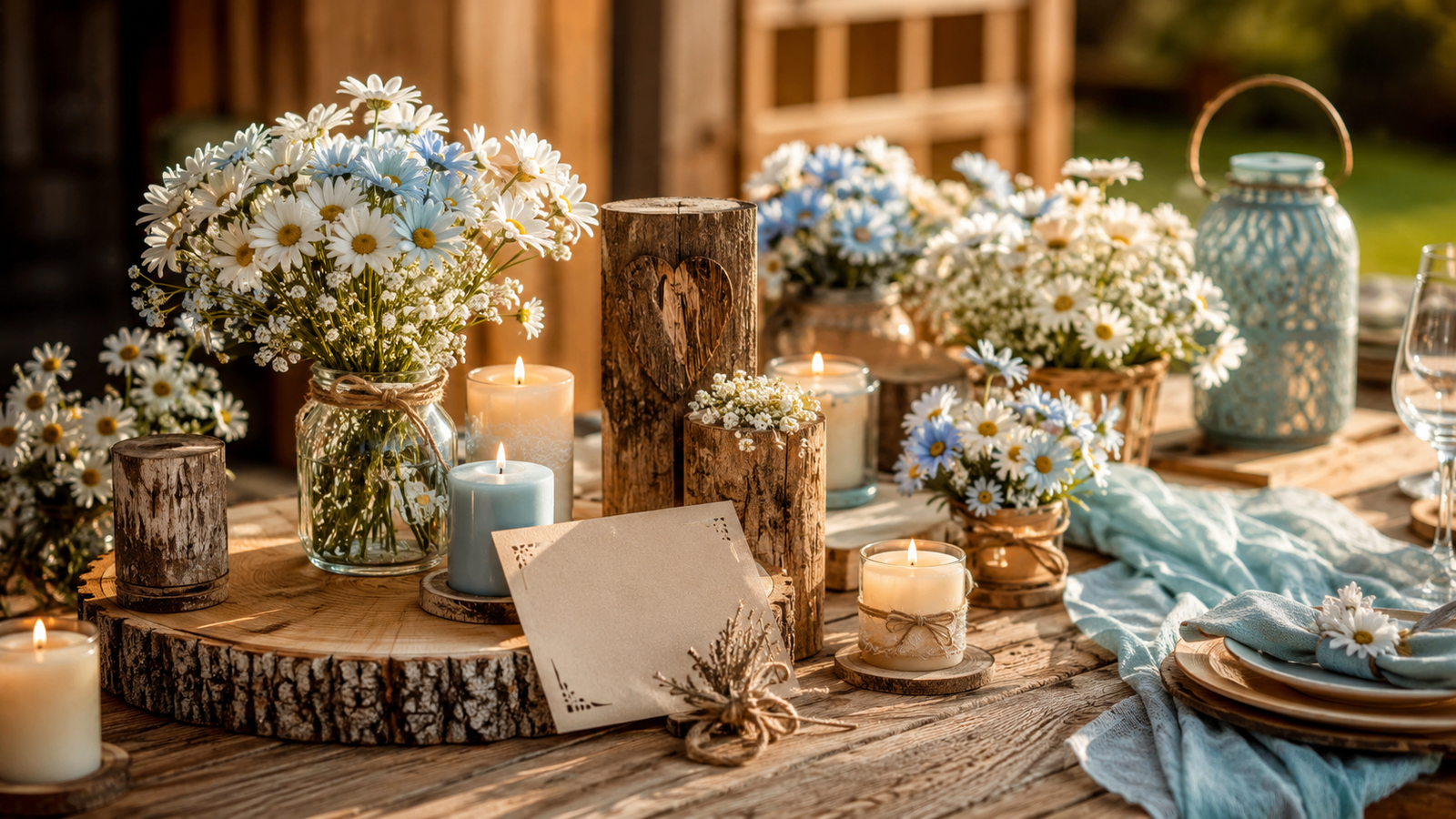 decoração rústica de bodas de madeira com margaridas, fatias de tronco e velas