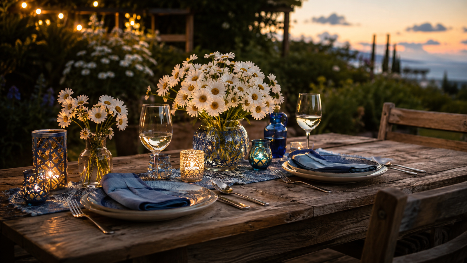mesa de jantar rústica posta para dois nas bodas de madeira com velas e margaridas