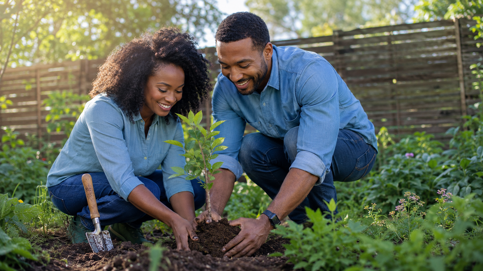 casal jovem plantando uma muda de árvore juntos para celebrar as bodas de madeira