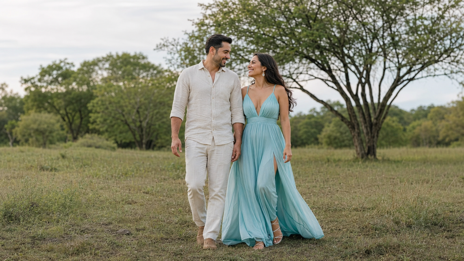 casal jovem elegante caminhando vestido para as bodas de madeira em cenário natural