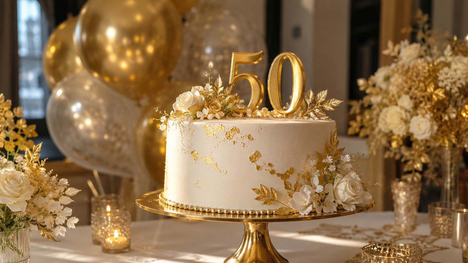 bolo de bodas de ouro branco com detalhes dourados e o número 50 na decoração