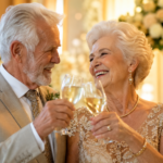 casal idoso celebrando as bodas de ouro com um brinde em ambiente dourado