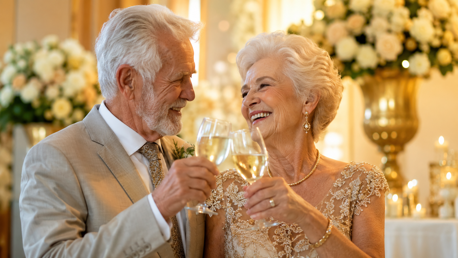 casal idoso celebrando as bodas de ouro com um brinde em ambiente dourado