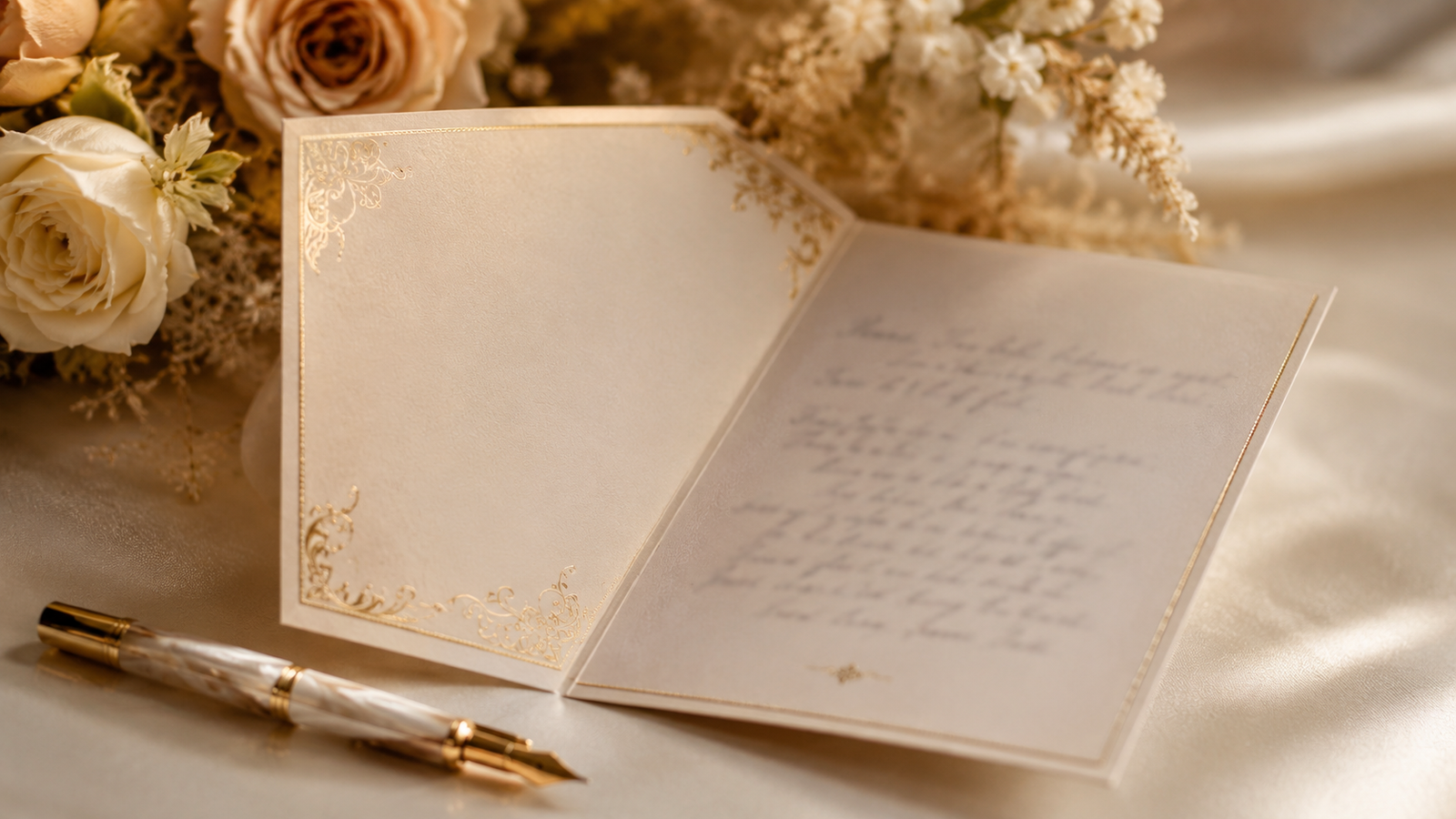 cartão de mensagem de bodas de ouro com detalhes dourados sobre a mesa