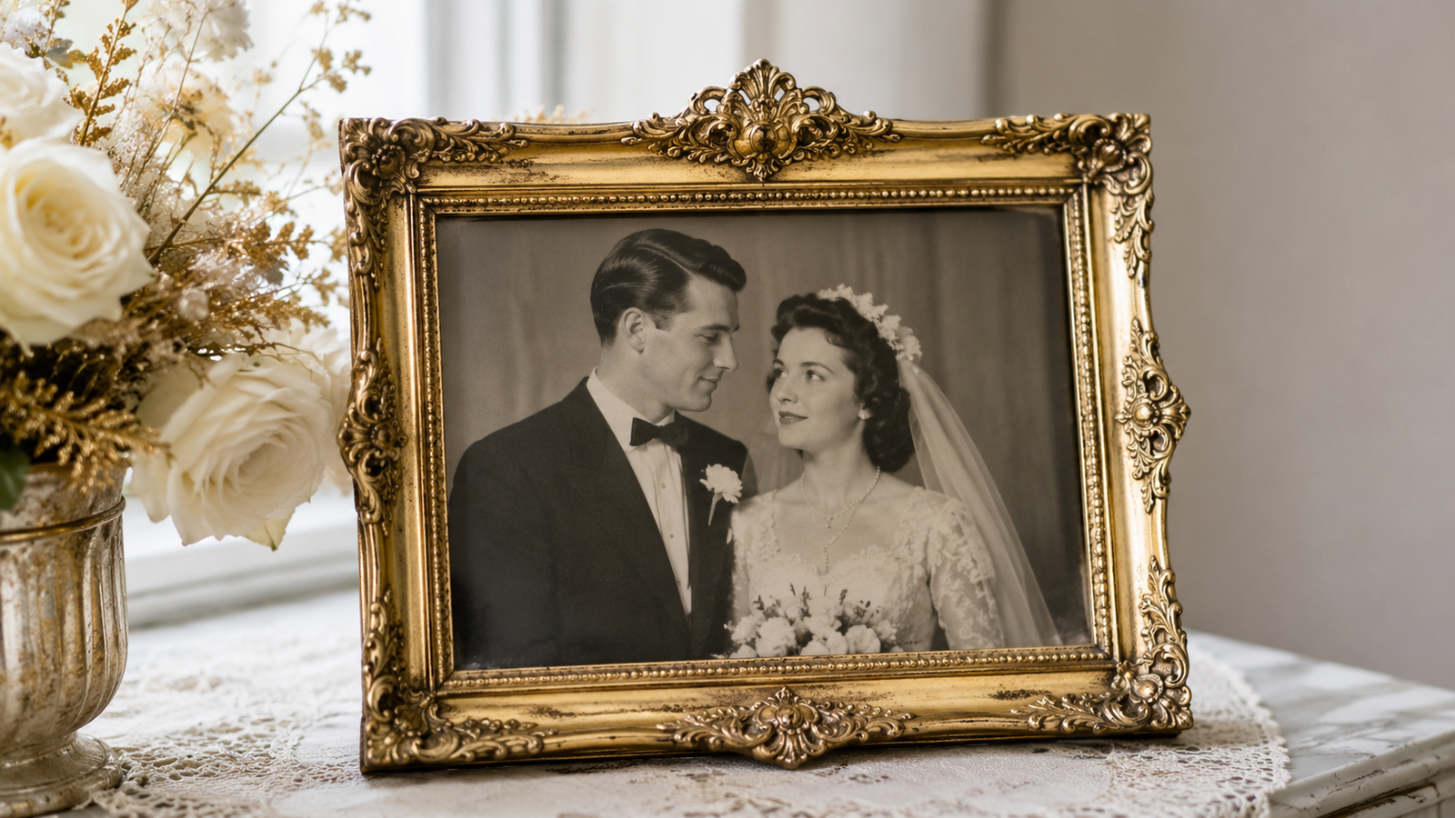 foto antiga do casal em moldura dourada, símbolo dos 50 anos das bodas de ouro