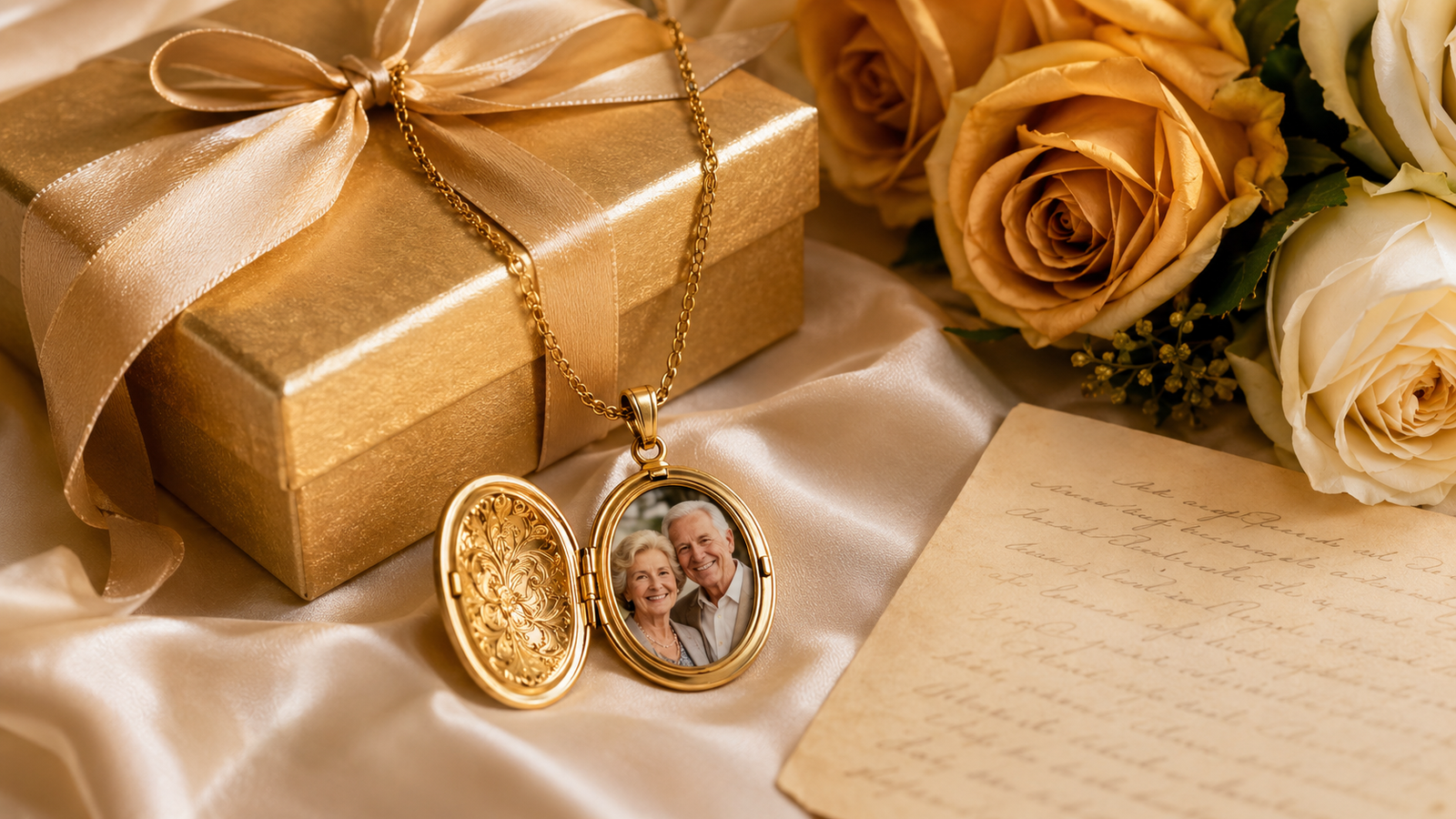 colar de ouro com relicário aberto mostrando a foto do casal, presente de bodas de ouro