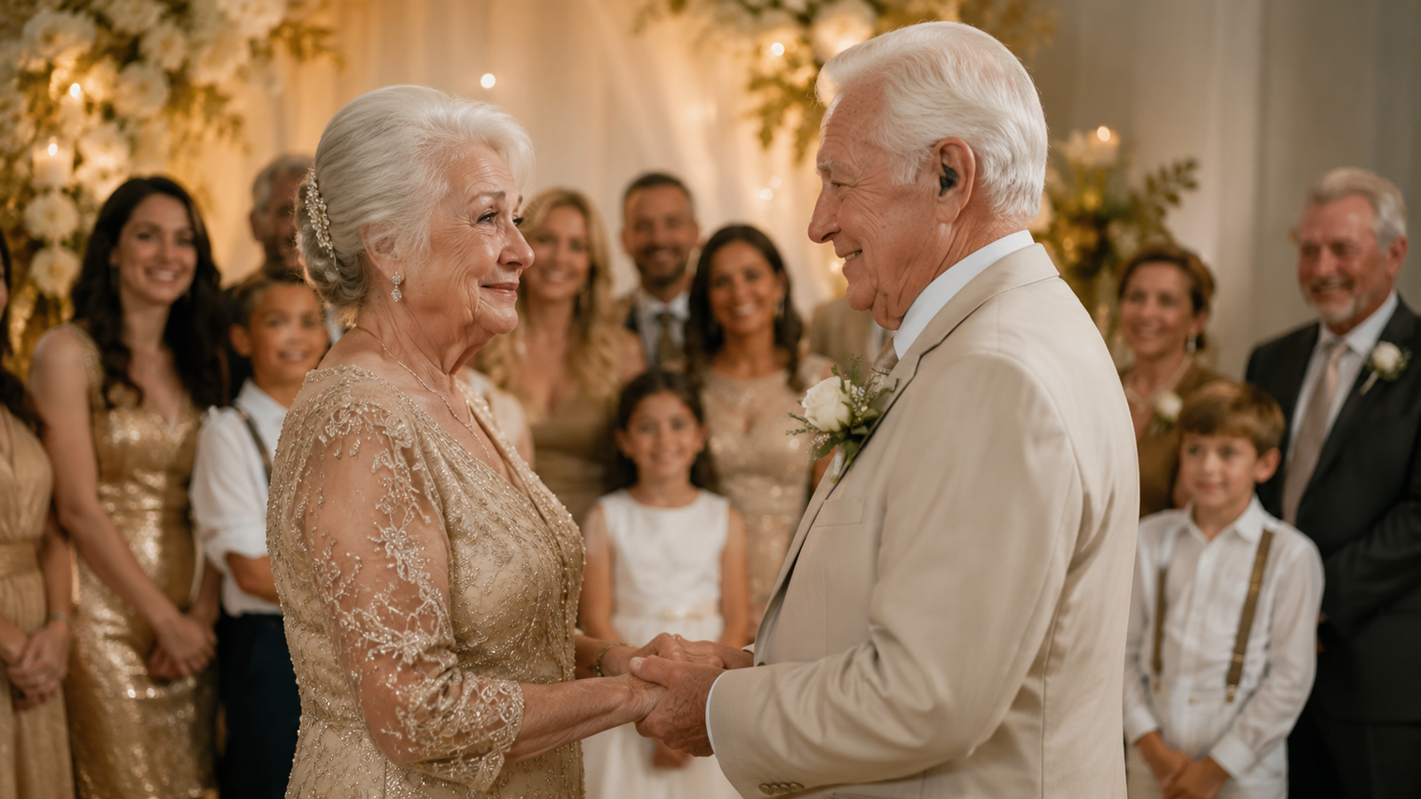 casal idoso renovando os votos nas bodas de ouro diante da família
