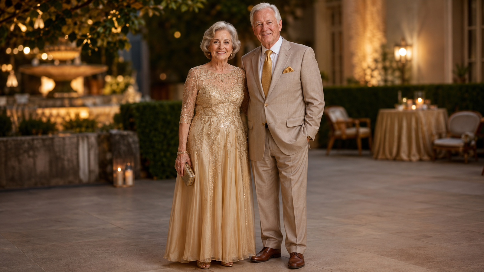 casal idoso elegante vestido de corpo inteiro para a festa de bodas de ouro em tons dourados