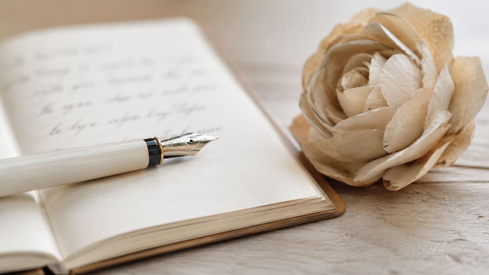 caderno aberto com as primeiras linhas escritas à mão, símbolo das bodas de papel