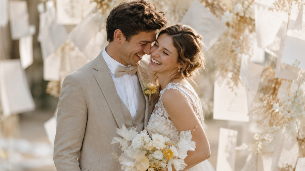casal jovem rindo junto na comemoração das bodas de papel, 1 ano de casamento