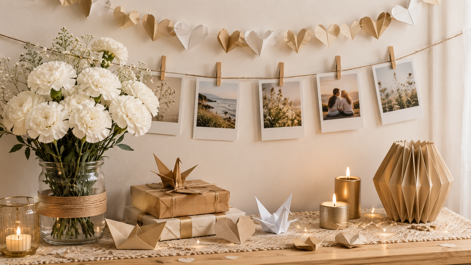 decoração de papel com origami, varal de fotos e cravos nas bodas de papel