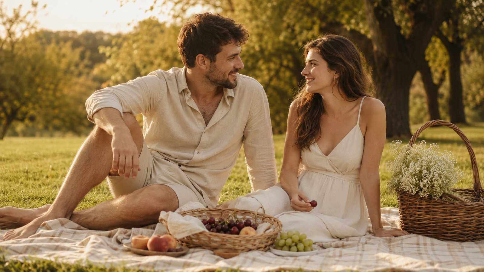 casal jovem em um piquenique comemorando as bodas de papel ao ar livre